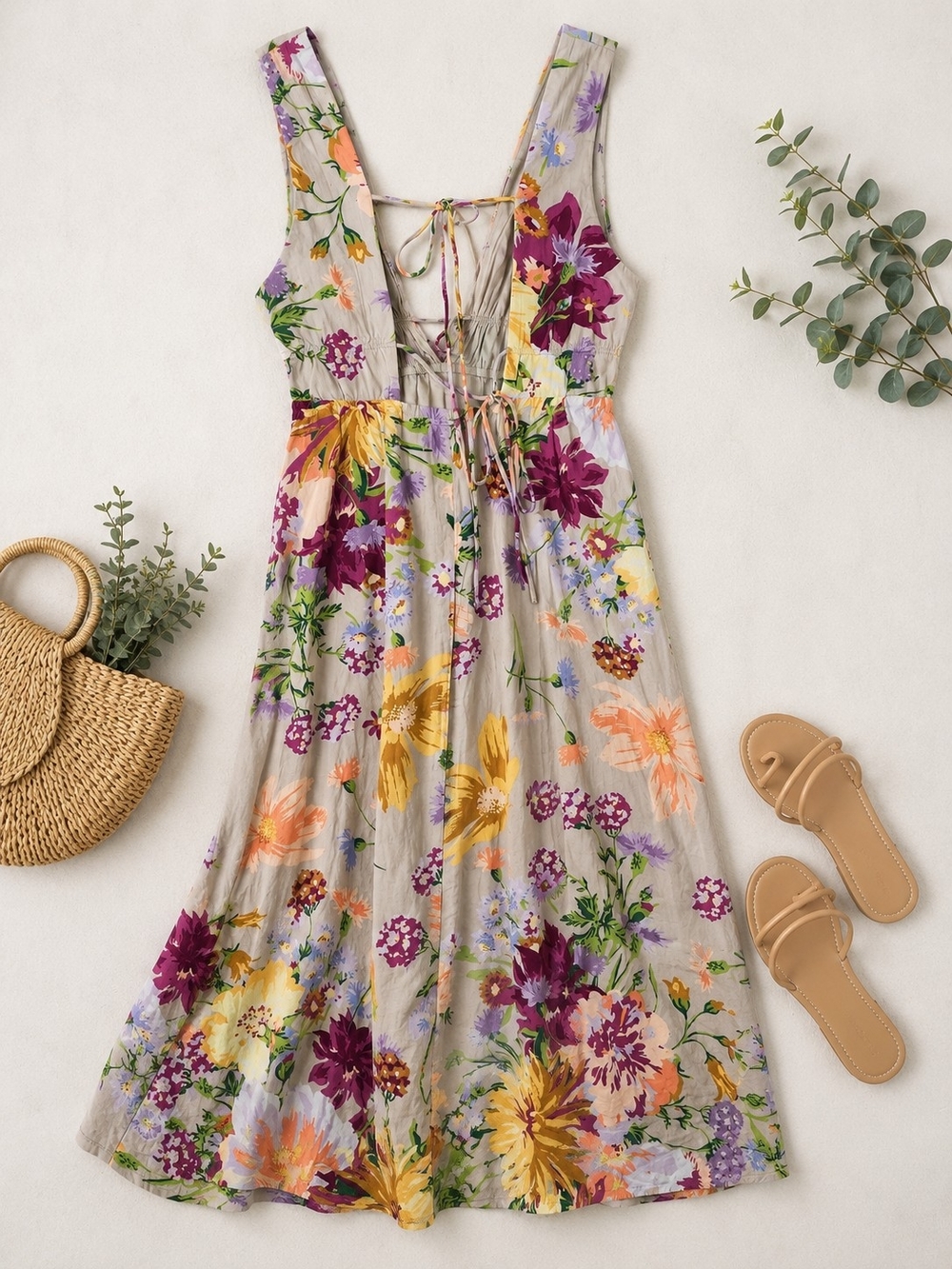 Floral Tie-Back Maxi Dress in Taupe with Multi-Color Blooms